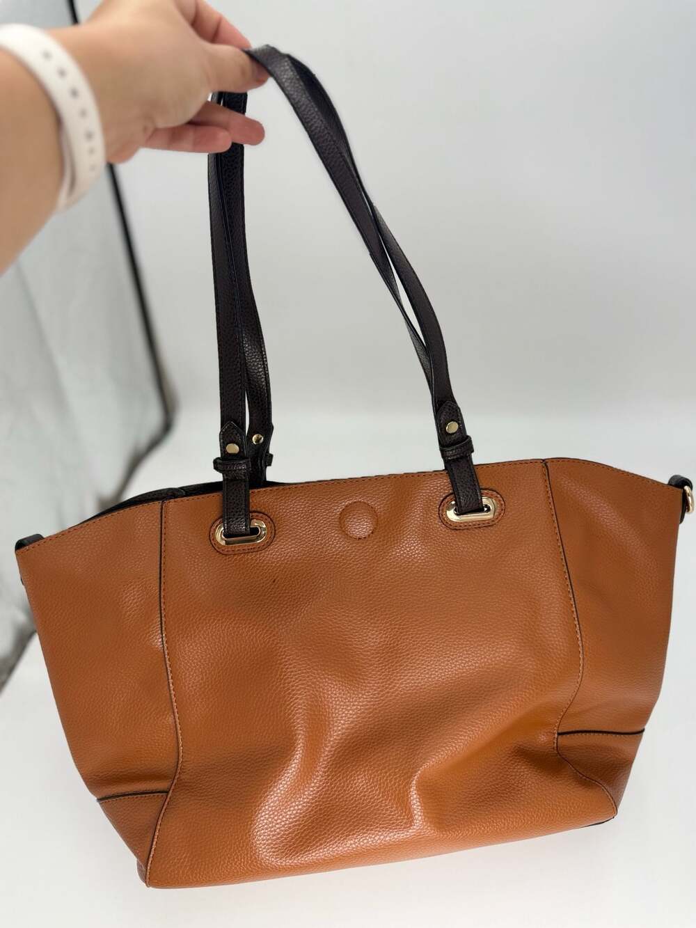 G.H. Bass & Co. Pebble Grain Tan Large Tote Handbag with Dark Brown Trim